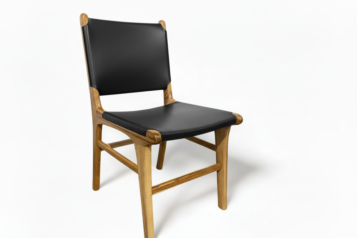 Teak & Leather Dining Chair - Black