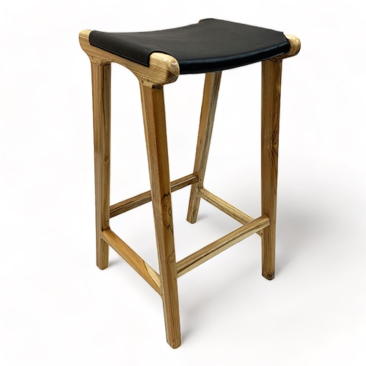 Teak & Leather Counter Stool - Black