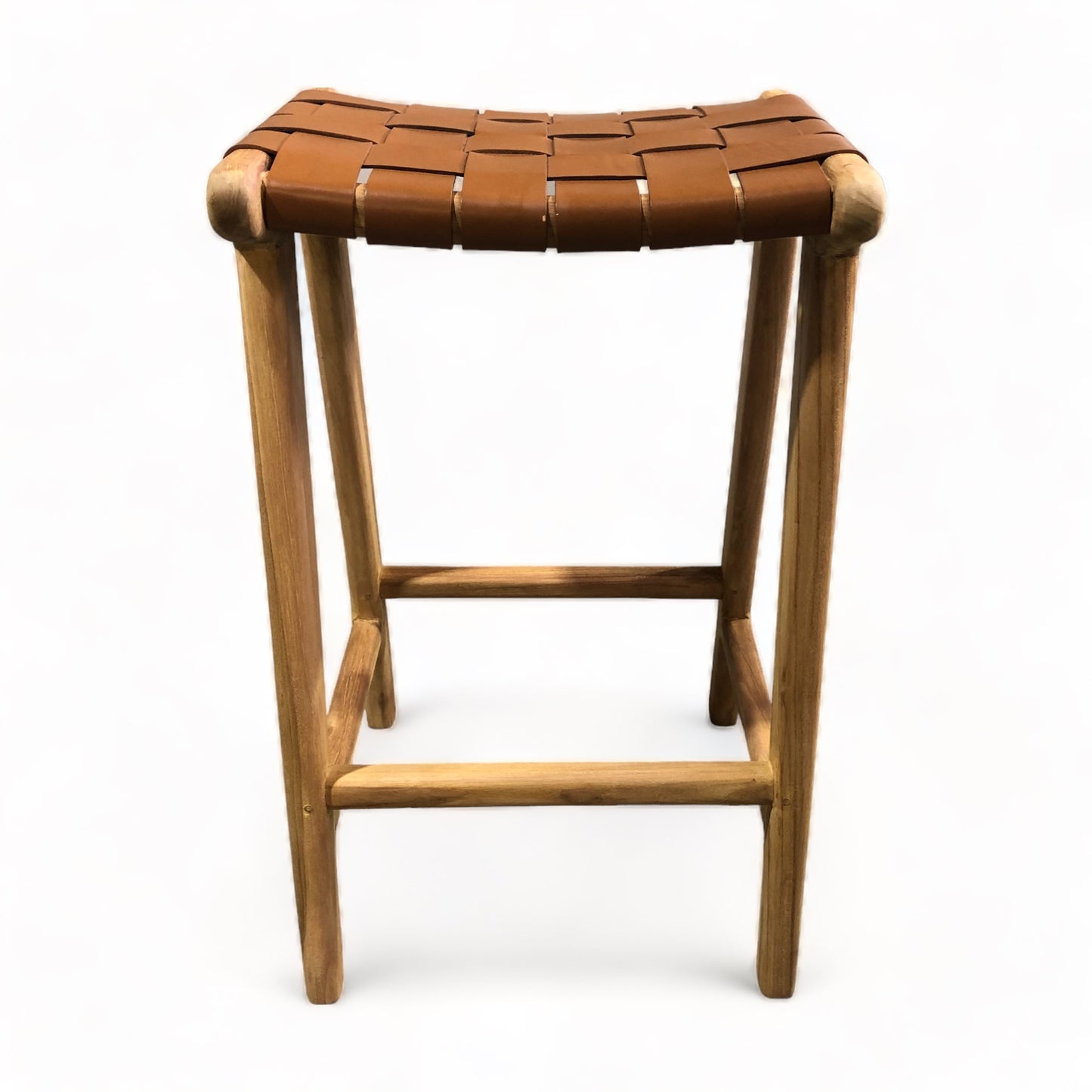 Teak & Leather Counter Stool -Tan Weave