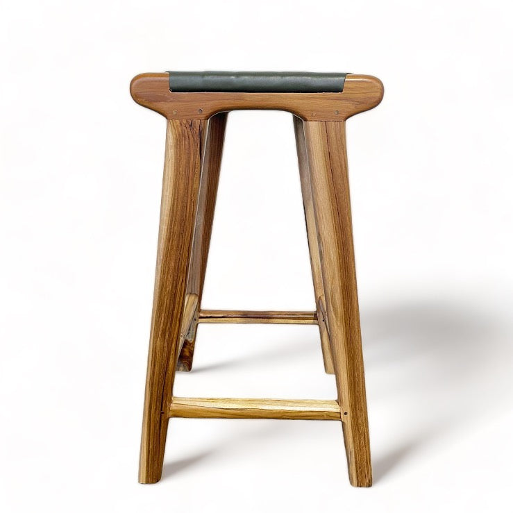 Teak & Leather Counter Stool - Olive Green