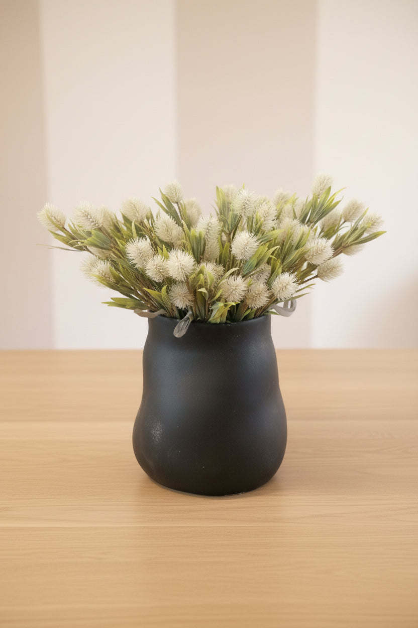 Black Maliah vase with white thistle flowers.