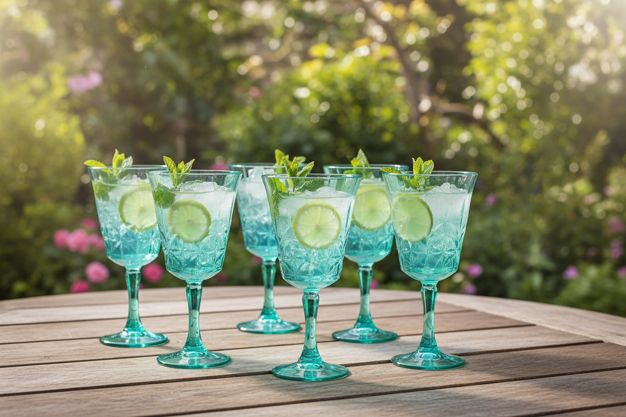 Turquoise glass goblet with intricate cut patterns on a light wooden surface.