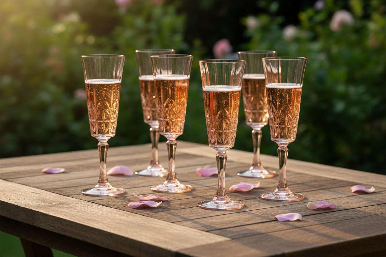 Pink glass flute with intricate design on a white surface