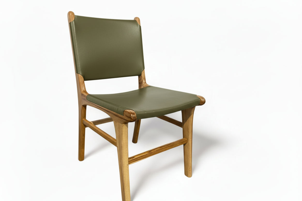 Teak & Leather Dining Chair - Olive Green