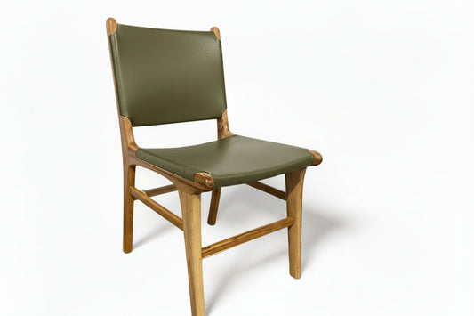 Teak & Leather Dining Chair - Olive Green