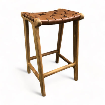 Teak & Leather Counter Stool -Tan Weave