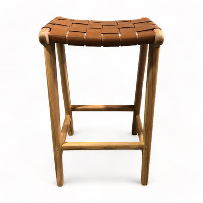 Teak & Leather Counter Stool -Tan Weave