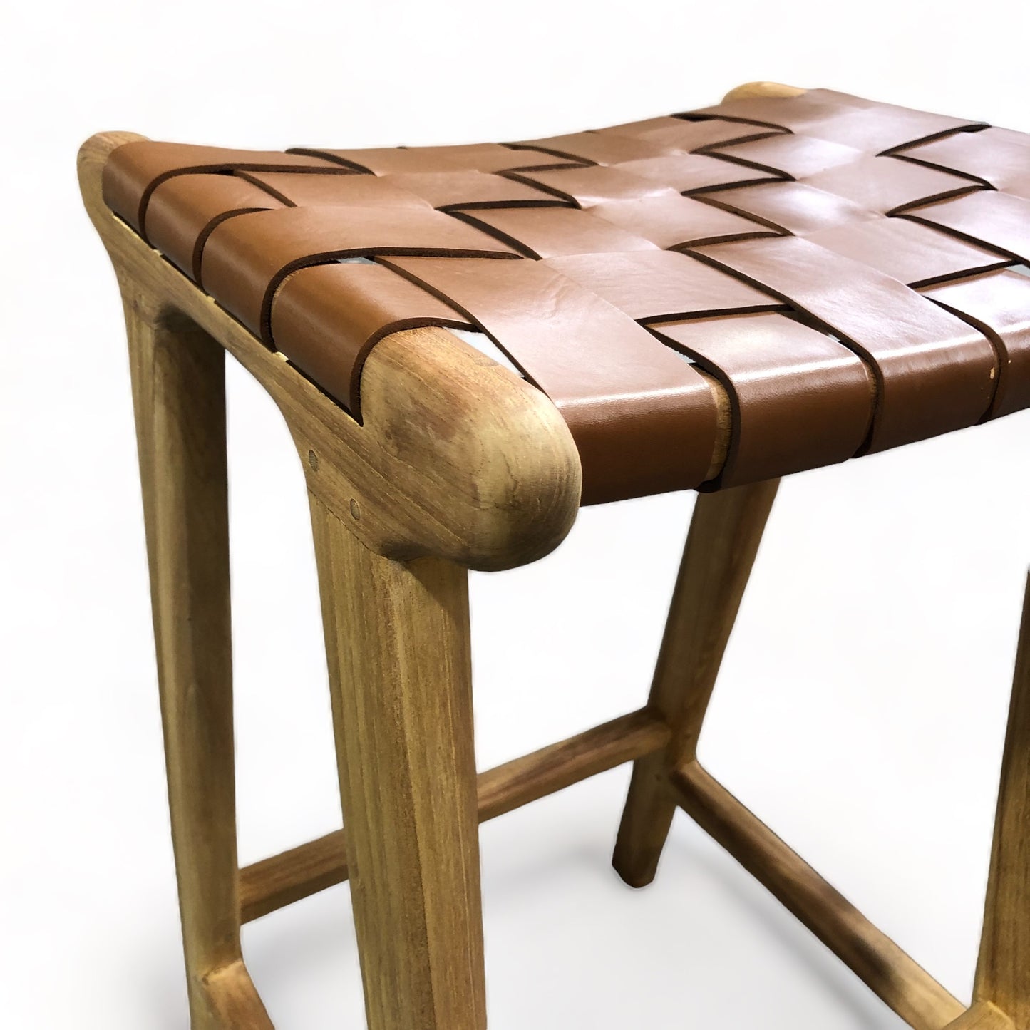 Teak & Leather Counter Stool -Tan Weave