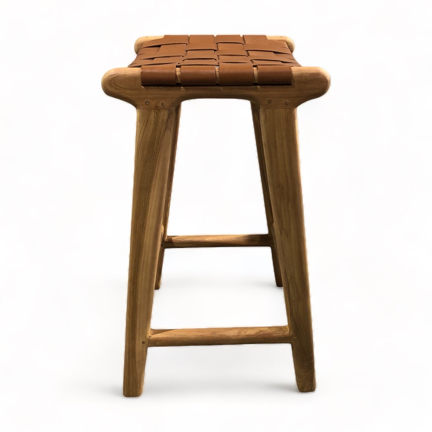 Teak & Leather Counter Stool -Tan Weave