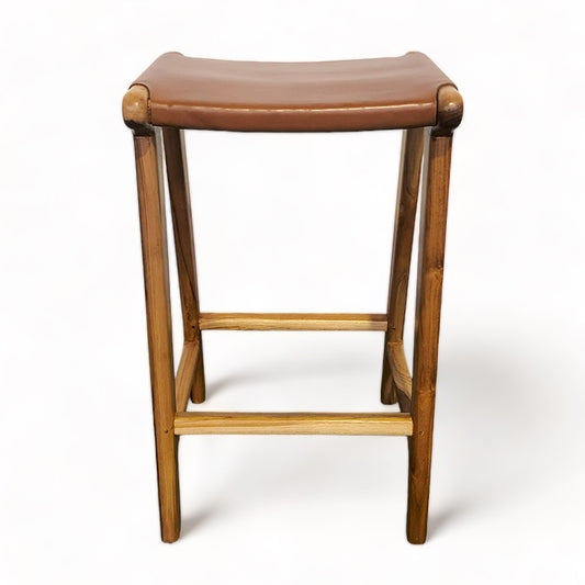 Teak & Leather Counter Stool - Tan