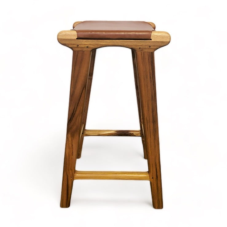 Teak & Leather Counter Stool - Tan