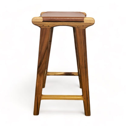 Teak & Leather Counter Stool - Tan