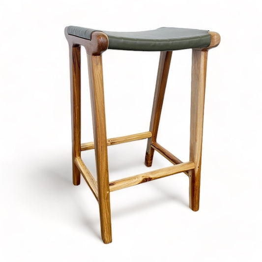 Teak & Leather Counter Stool - Olive Green