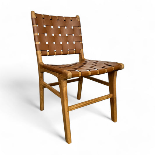 Teak & Leather Dining Chair - Tan Weave