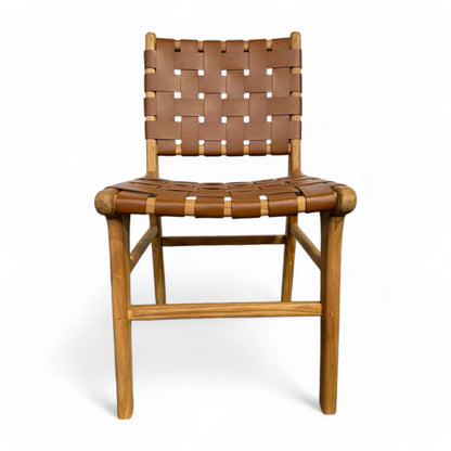 Teak & Leather Dining Chair - Tan Weave