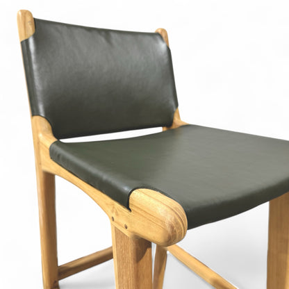 Teak & Leather Stool With Back - Olive Green
