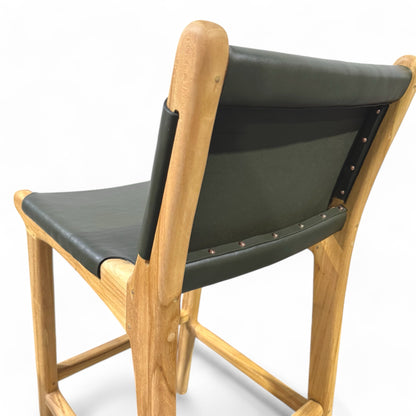 Teak & Leather Stool With Back - Olive Green