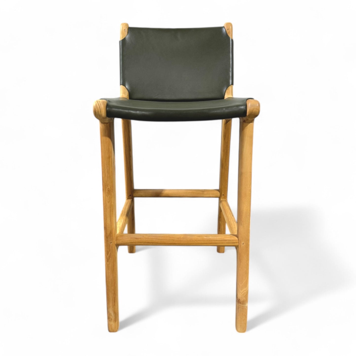 Teak & Leather Stool With Back - Olive Green