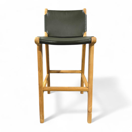 Teak & Leather Stool With Back - Olive Green