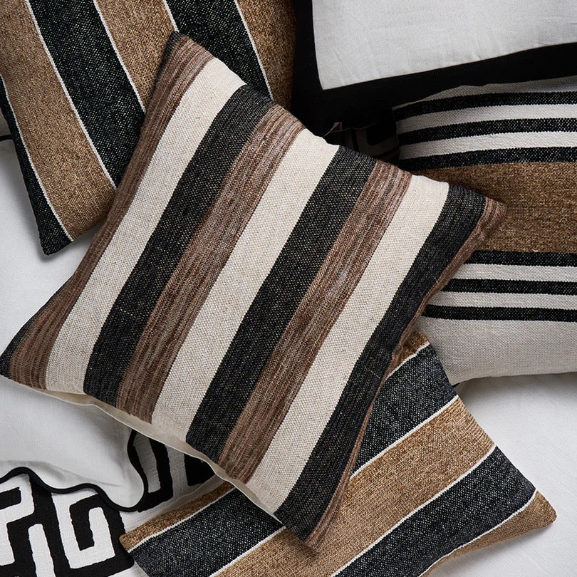 Tulum Cabana Stripe Cushion - Black/Brown/Ivory