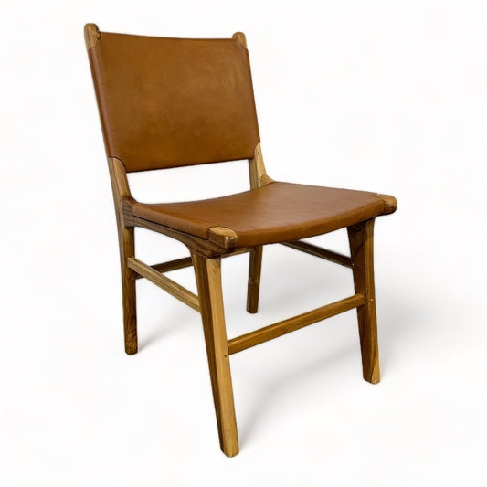 Teak & Leather Dining Chair - Tan