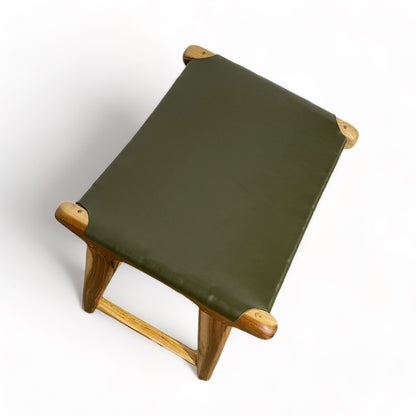 Teak & Leather Counter Stool - Olive Green