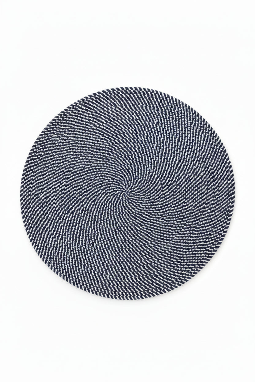 Round Navy and white woven placemat. 