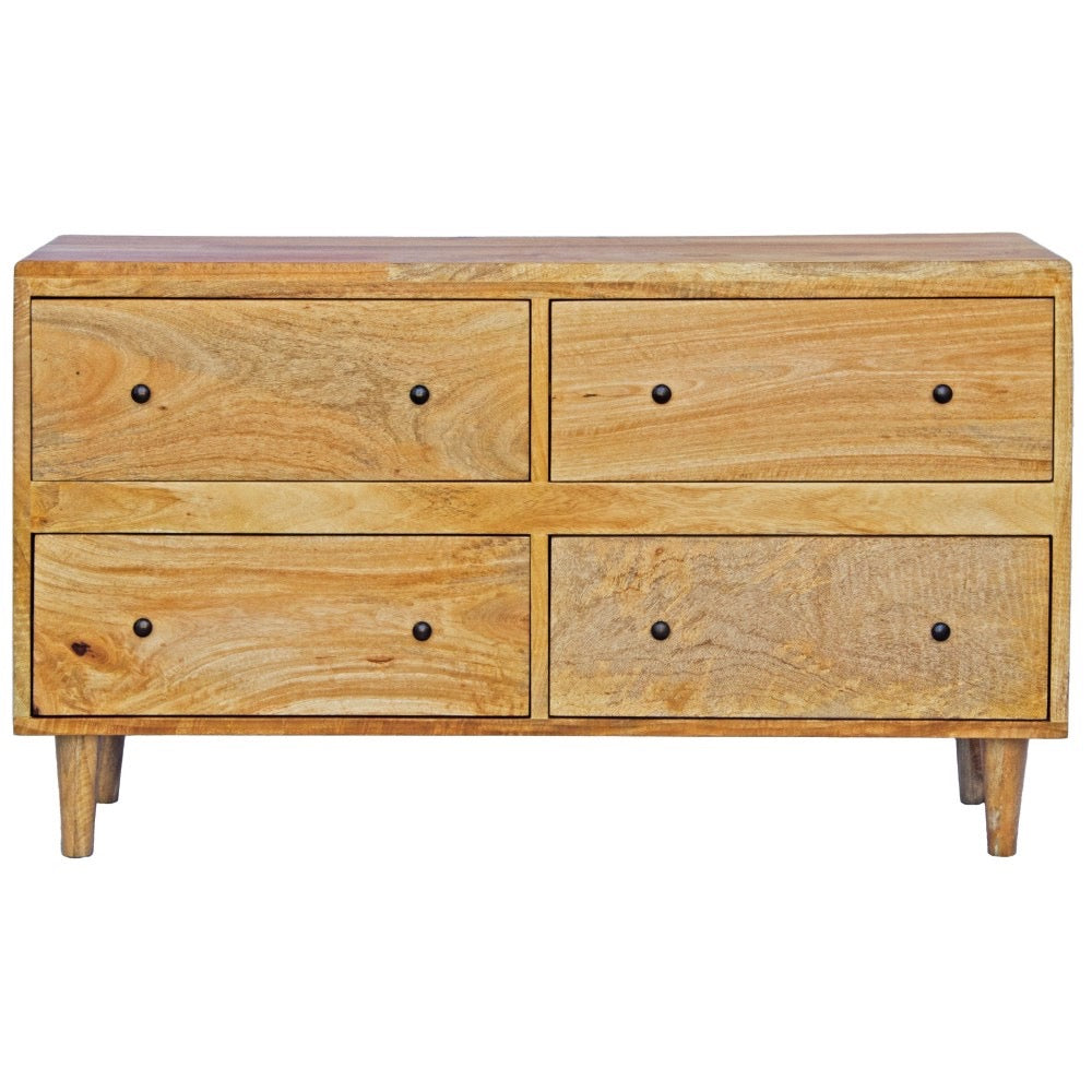 Wooden dresser with four drawers on a white background