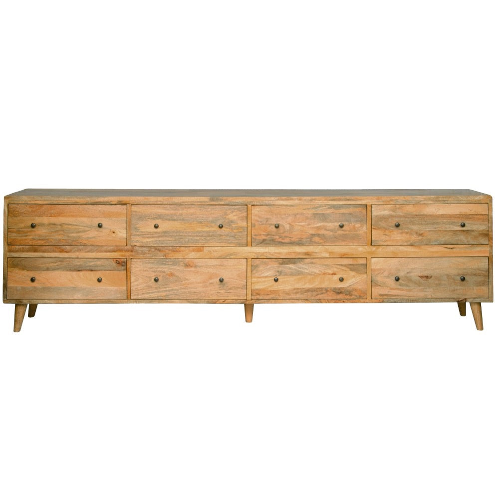 Wooden dresser with multiple drawers on a white background