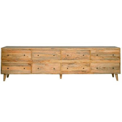 Wooden dresser with multiple drawers on a white background