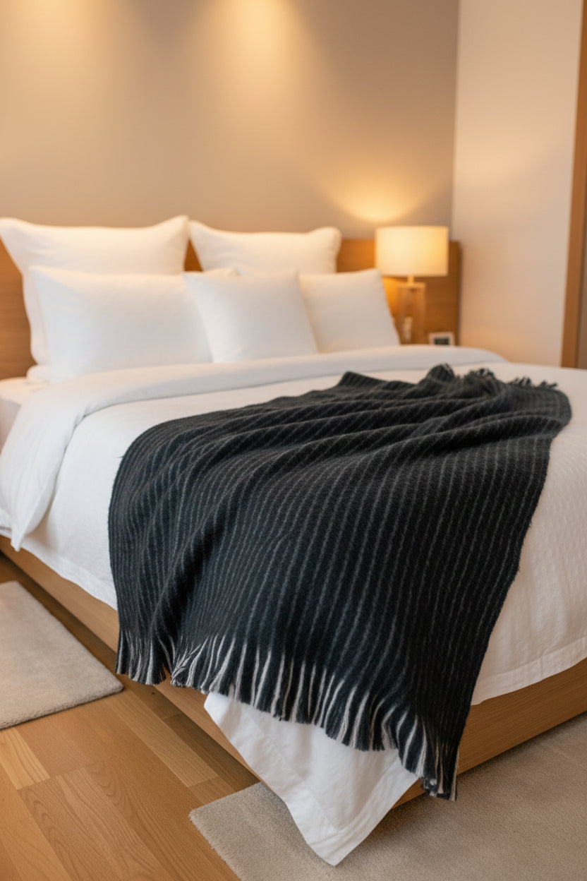 BlueBlack with white hilites textured throw blanket draped over a wooden chair against a white wall.