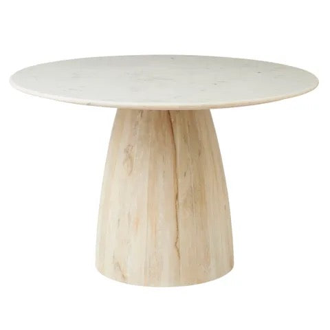 Round table with a marble-like top and wooden base on a white background
