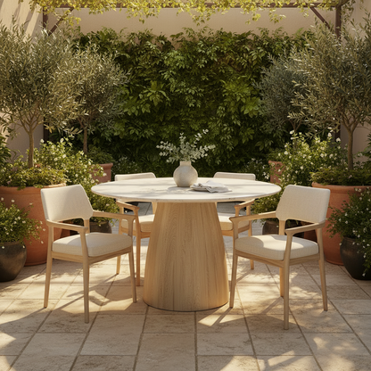 Outdoor patio setting with a round table and chairs surrounded by greenery.