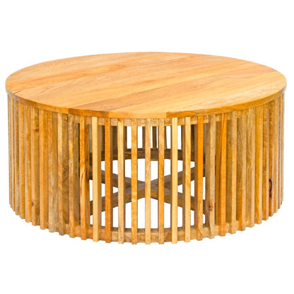 Round wooden coffee table with a natural finish on a white background