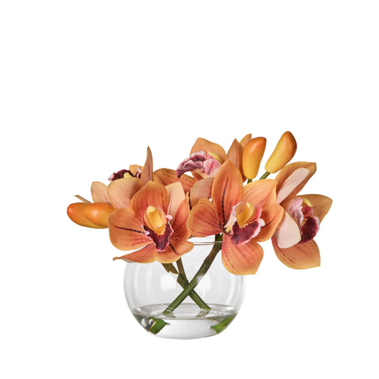 Cymbidium Orchid Glass Vase - Orange