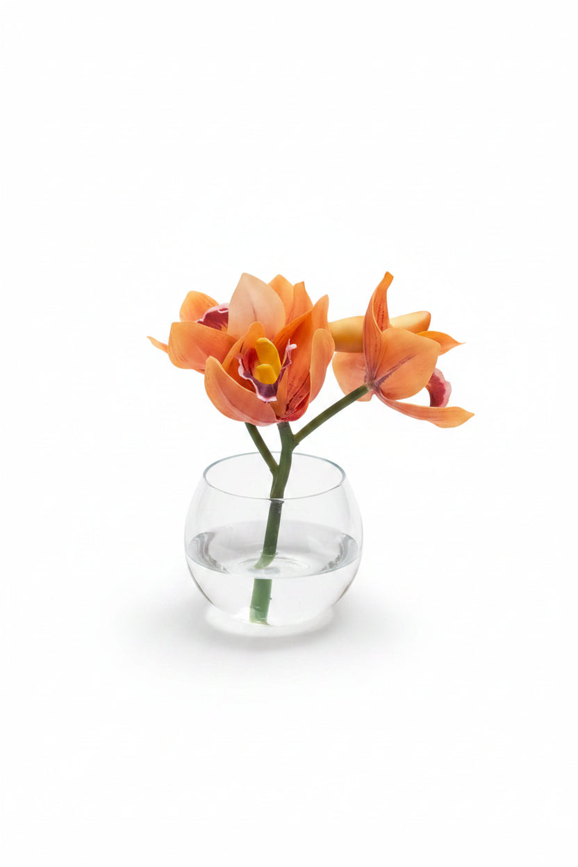 Cymbidium Orchid Glass Vase - Orange